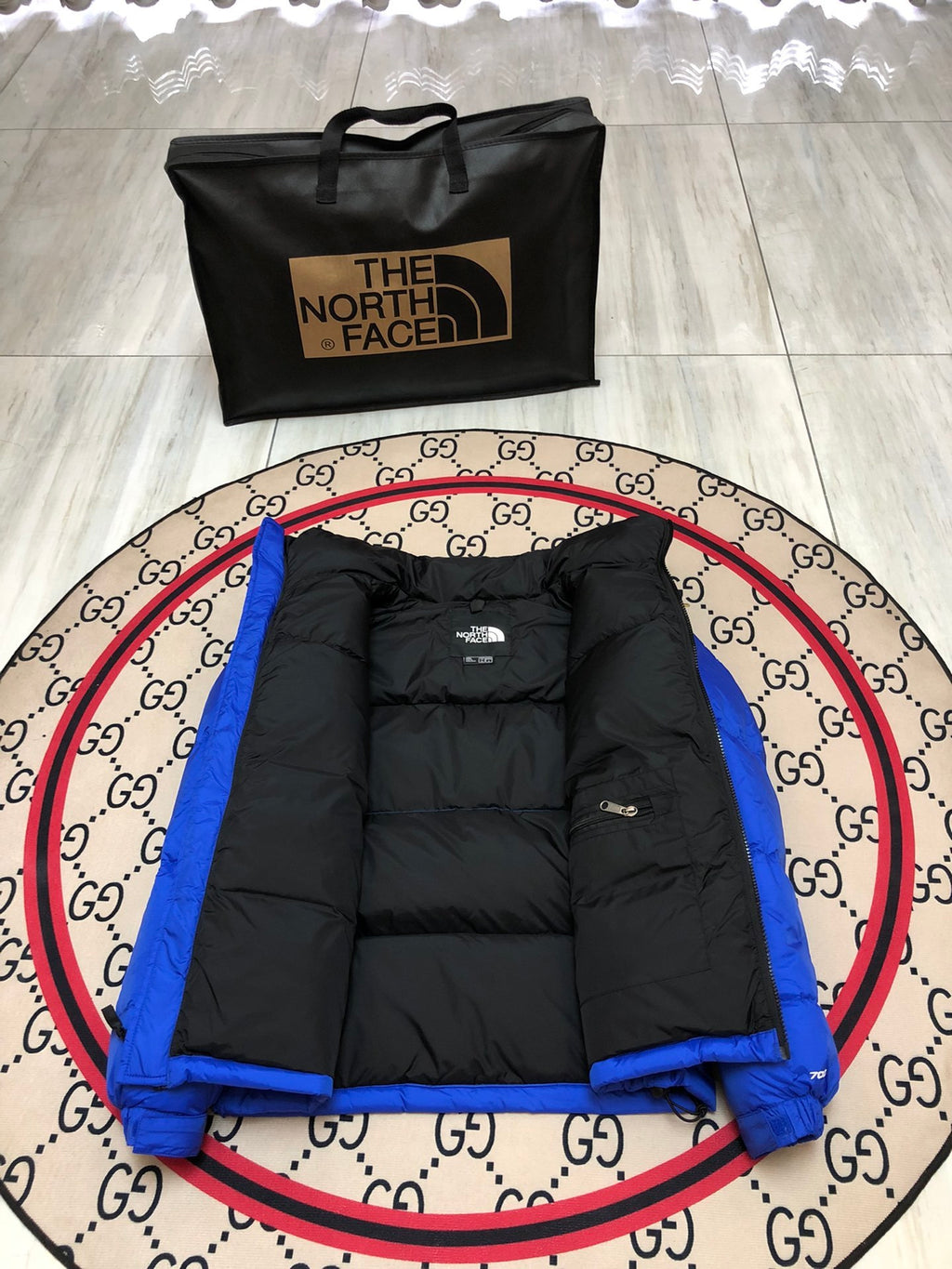 The North Face Quilted Royal Blue and Black Stand-Collar Puffer Jacket