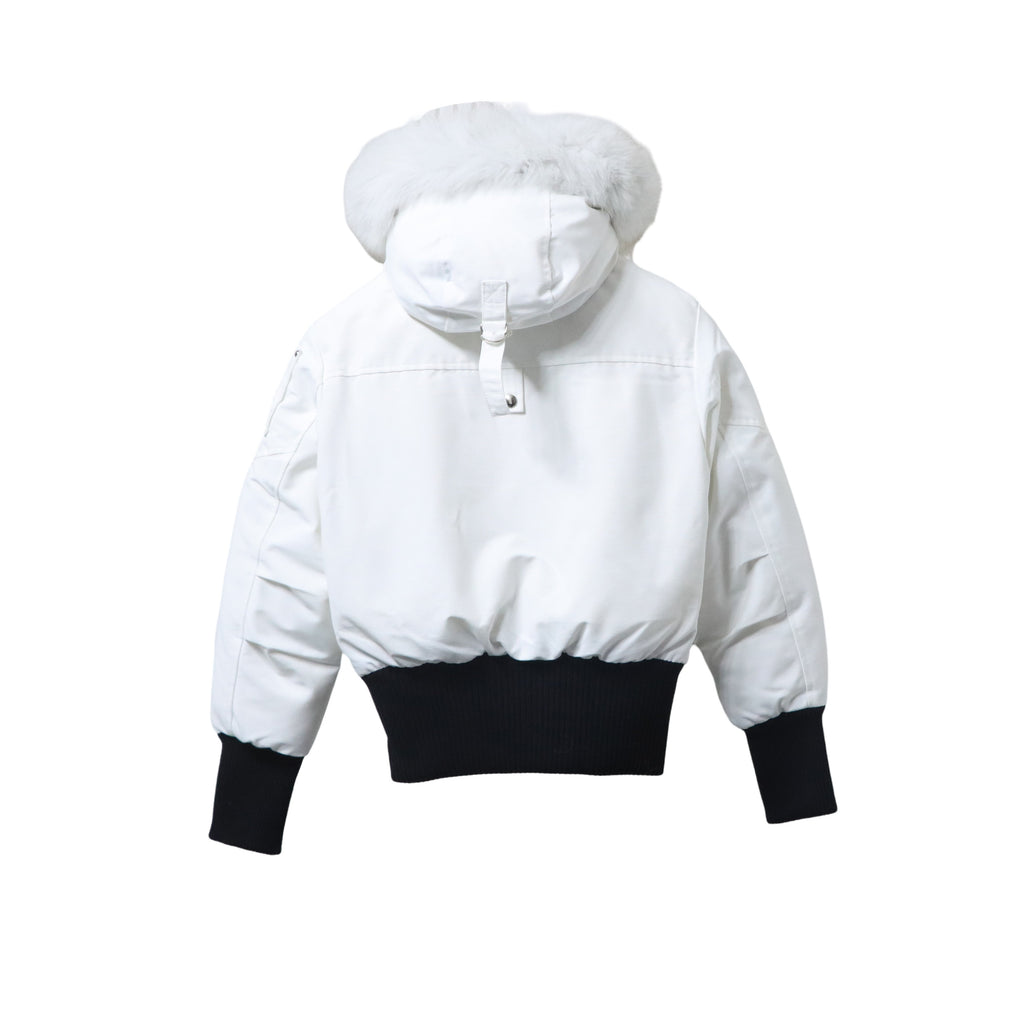 Moose Knuckles White and Black Hooded Bomber Jacket