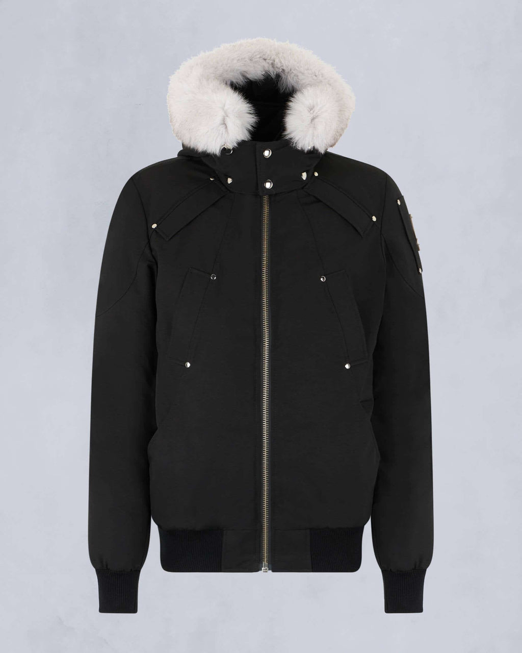 Moose Knuckles Black Hooded Bomber Jacket with White Trim