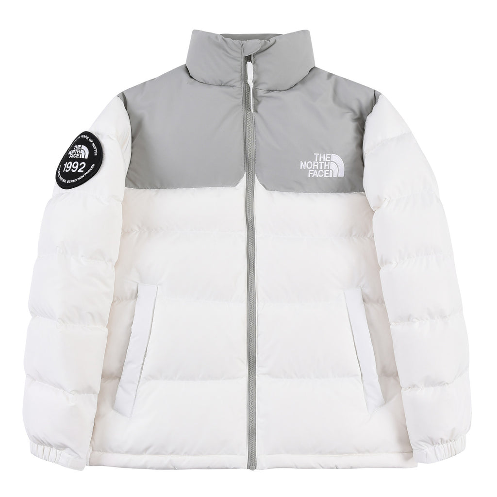 The North Face White and Light Gray Stand-Collar Puffer Jacket