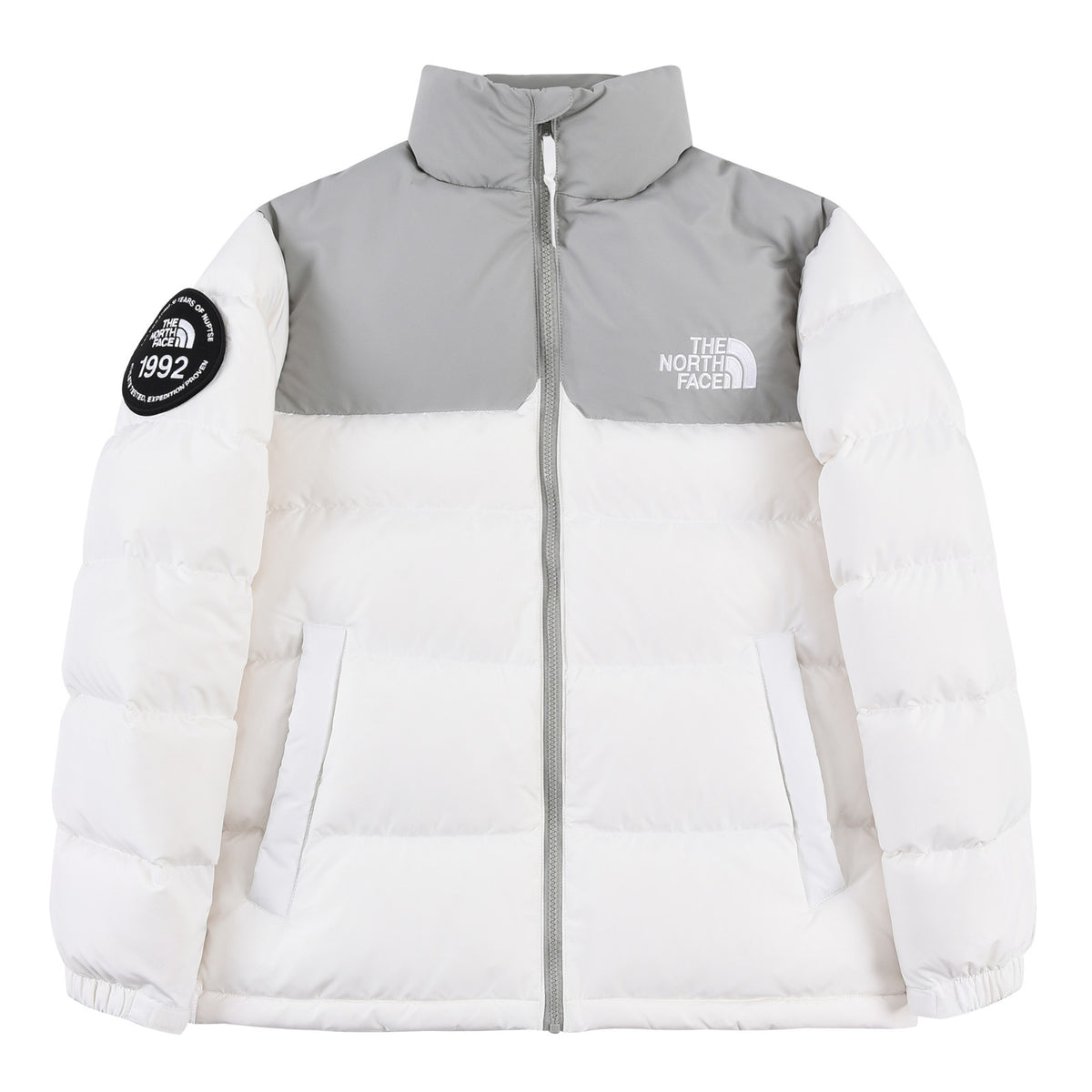 The North Face White and Light Gray Stand-Collar Puffer Jacket