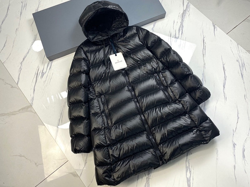 Moncler Glossy Black Hooded Longline Puffer Coat