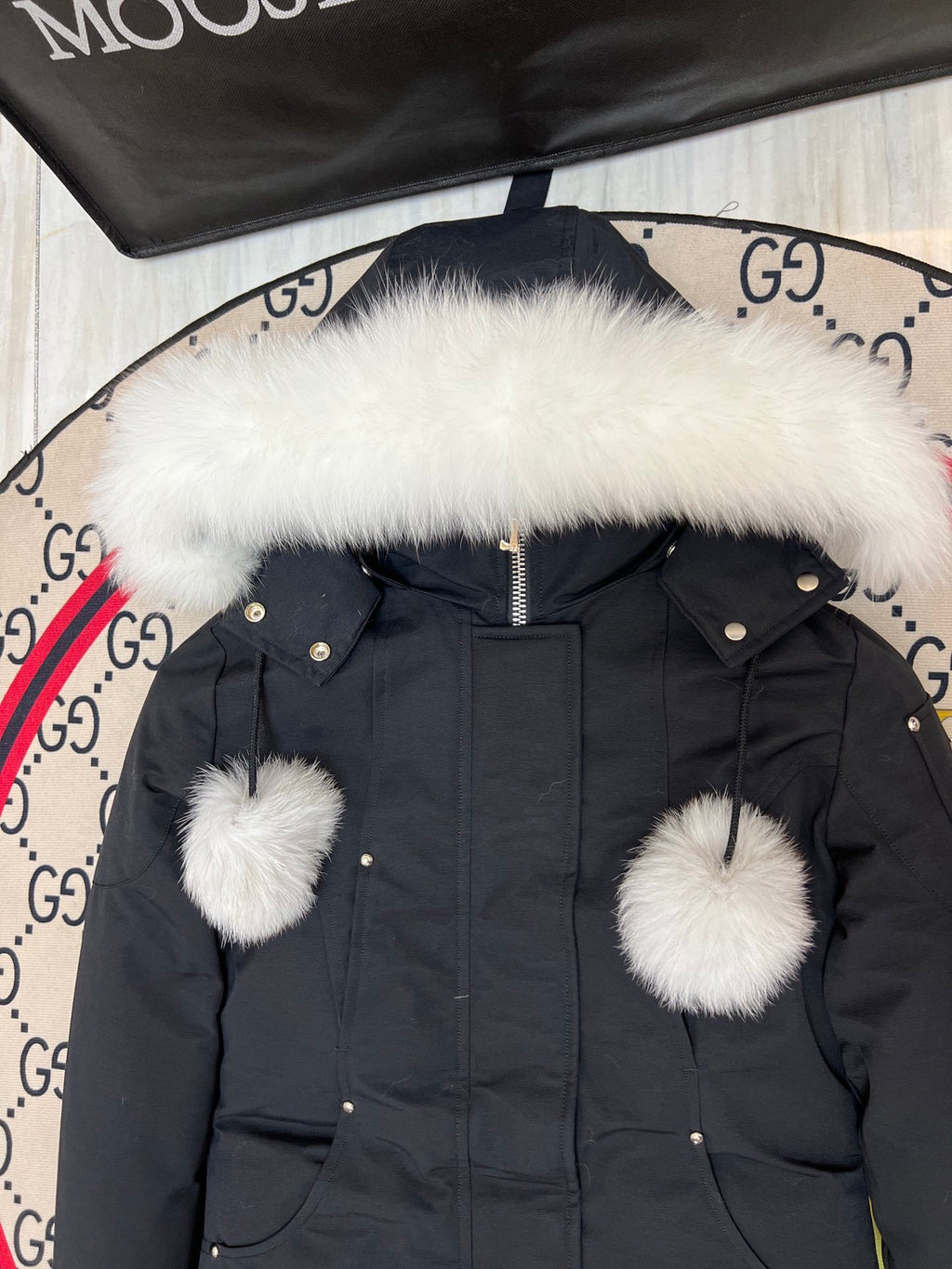 Moose Knuckles Black Hooded Longline Parka with White Trim