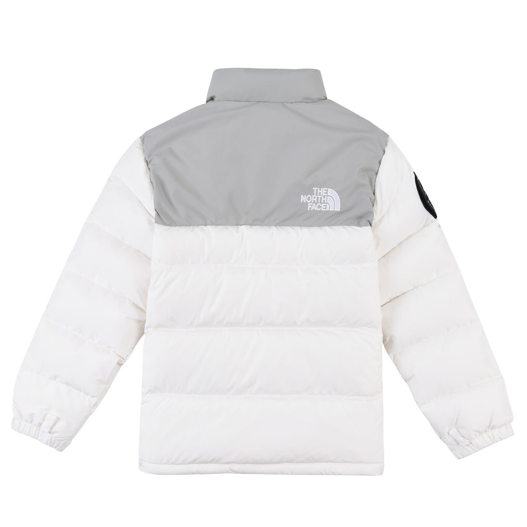 The North Face White and Light Gray Stand-Collar Puffer Jacket