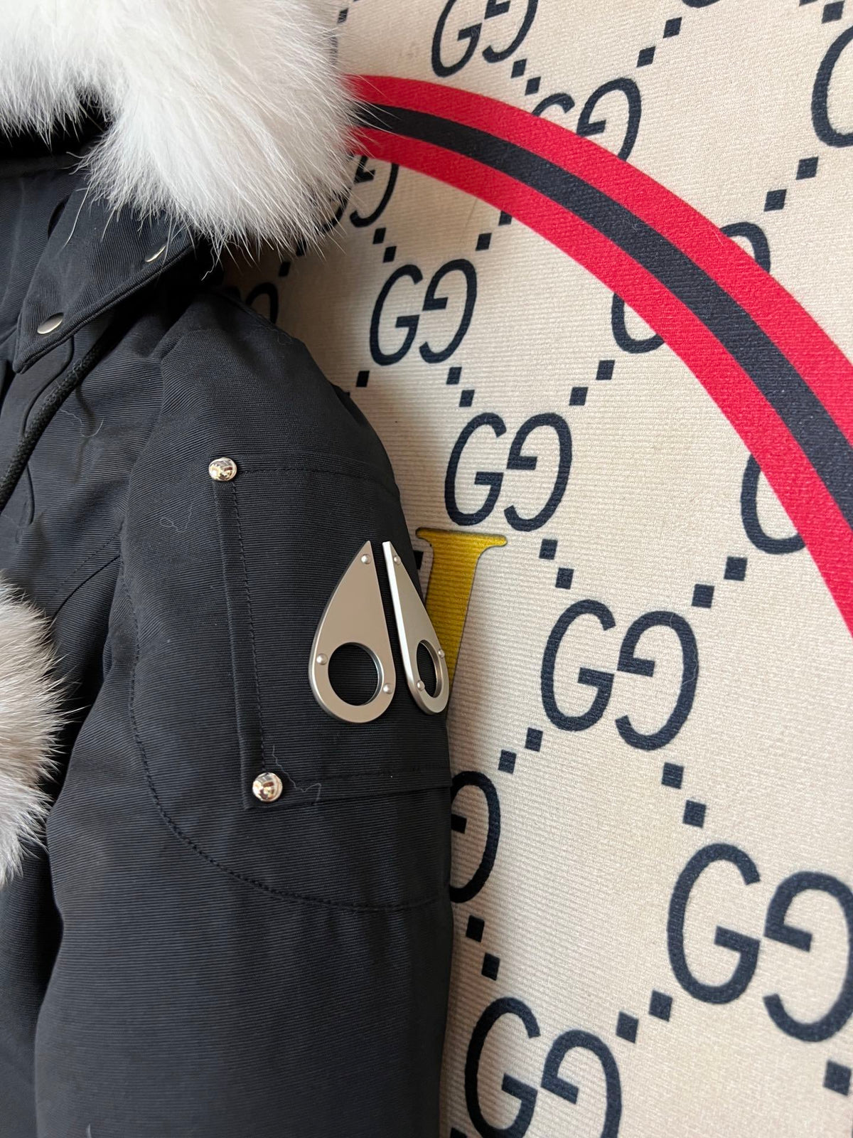 Moose Knuckles Black Hooded Longline Parka with White Trim