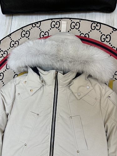 Moose Knuckles Ivory White Hooded Bomber Jacket with Gray Trim