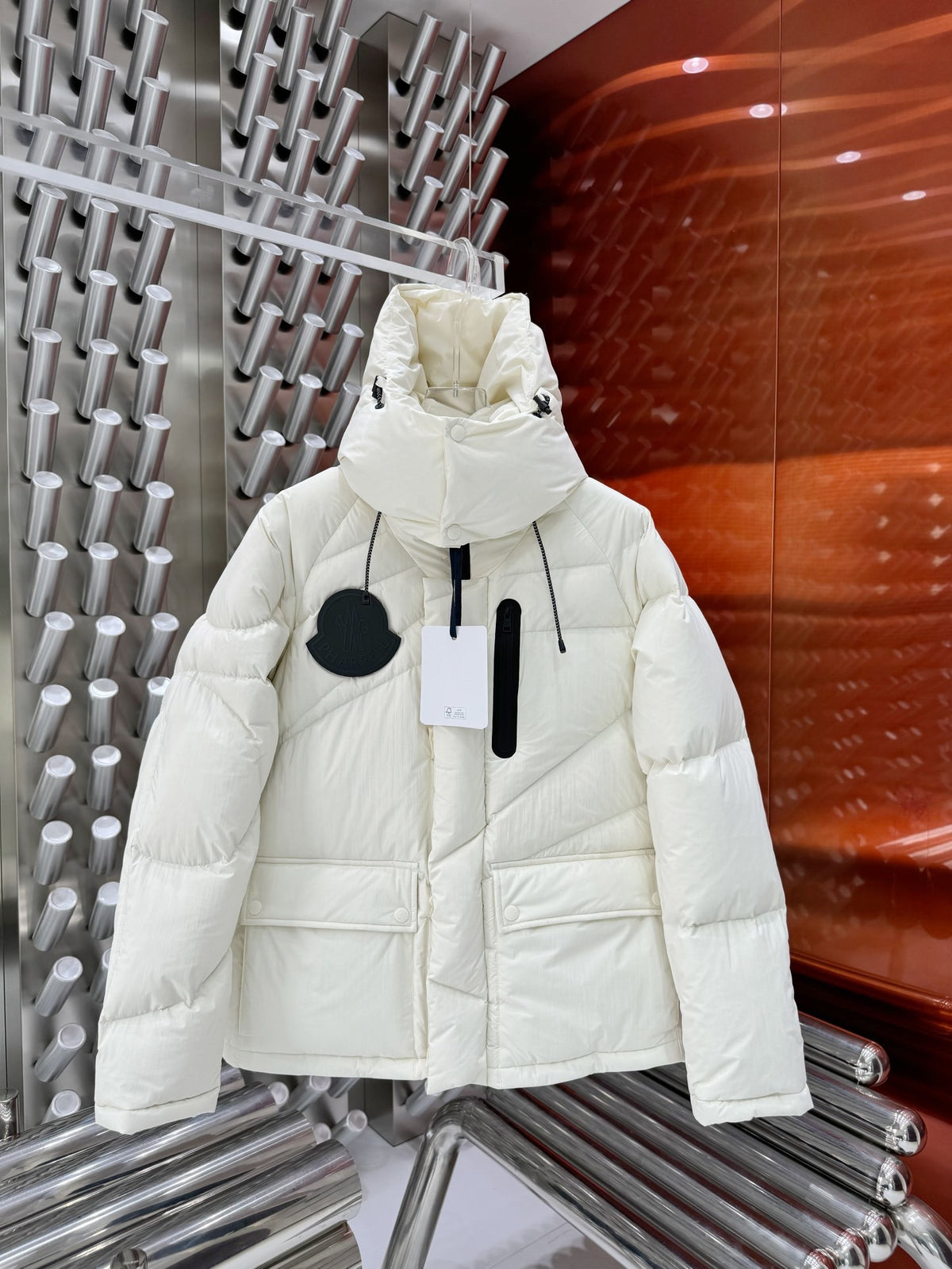 Moncler Geometric Quilted Ivory White Hooded Puffer Jacket