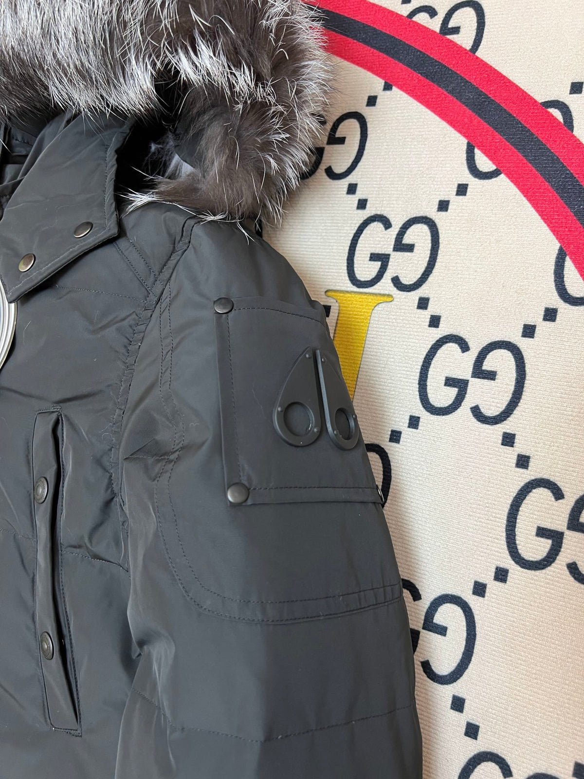 Moose Knuckles Quilted Black Hooded Parka with Gray Trim