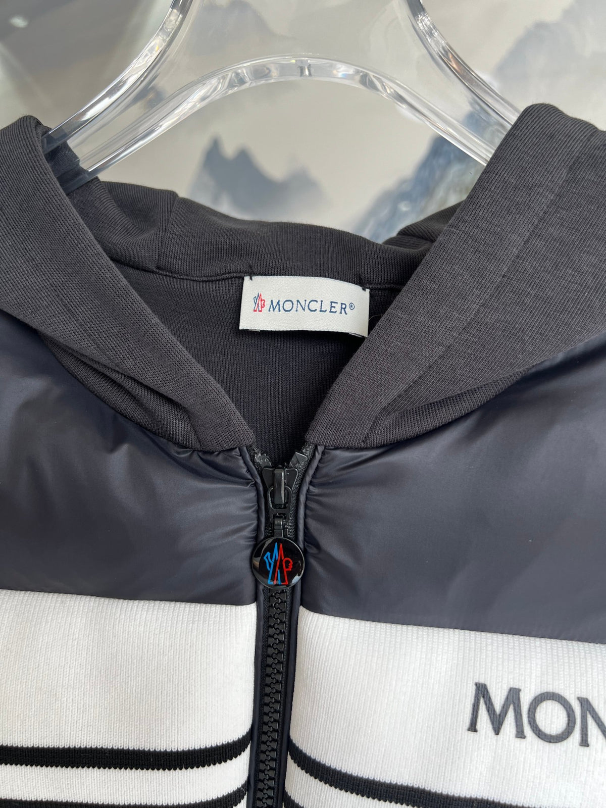 Moncler Hybrid Black and White Striped Hooded Jacket