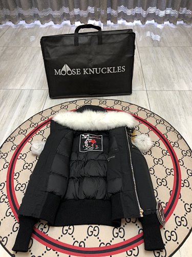 Moose Knuckles Black Cropped Hooded Bomber Jacket with Pom-Poms