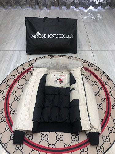 Moose Knuckles Ivory White Hooded Bomber Jacket with Gray Trim