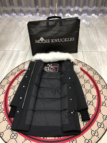 Moose Knuckles Black Hooded Longline Parka with White Trim