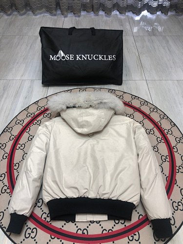Moose Knuckles Ivory White Hooded Bomber Jacket with Gray Trim