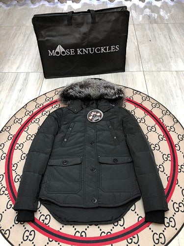 Moose Knuckles Quilted Black Hooded Parka with Gray Trim