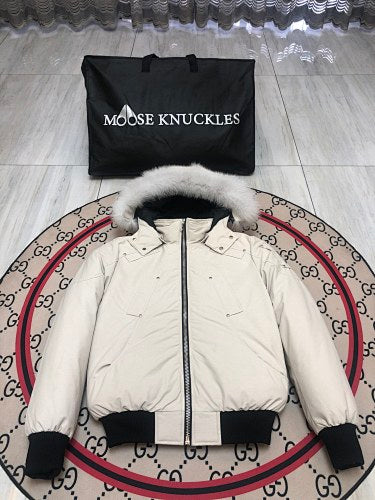Moose Knuckles Ivory White Hooded Bomber Jacket with Gray Trim