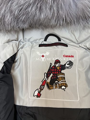 Moose Knuckles Quilted White Hooded Parka with Gray Trim