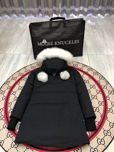 Moose Knuckles Black Hooded Longline Parka with White Trim