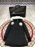 Moose Knuckles Black Hooded Longline Parka with White Trim