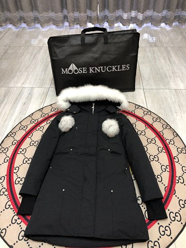 Moose Knuckles Black Hooded Longline Parka with White Trim