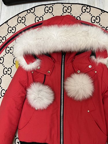 Moose Knuckles Red Cropped Hooded Bomber Jacket with Pom-Poms