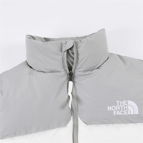 The North Face White and Light Gray Stand-Collar Puffer Jacket