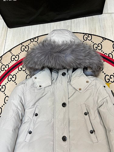 Moose Knuckles Quilted White Hooded Parka with Gray Trim