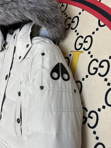 Moose Knuckles Quilted White Hooded Parka with Gray Trim