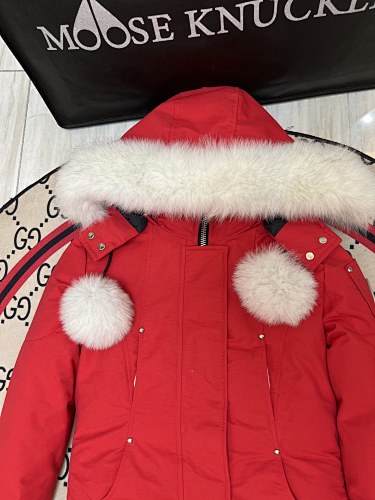 Moose Knuckles Red Hooded Longline Parka with White Trim