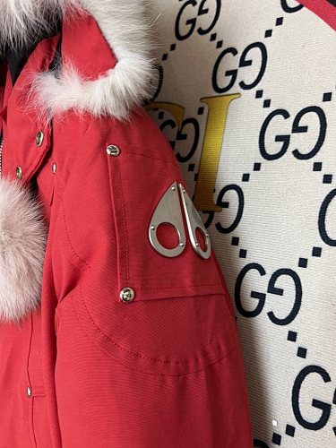 Moose Knuckles Red Cropped Hooded Bomber Jacket with Pom-Poms