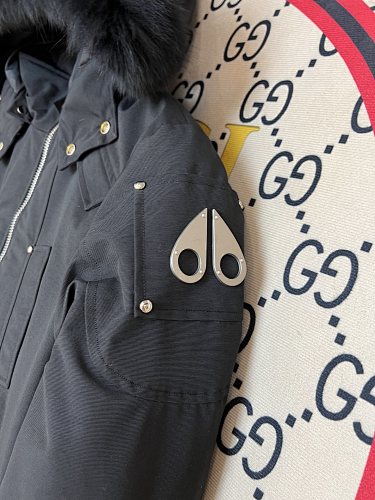 Moose Knuckles Black Hooded Bomber Jacket with White Trim