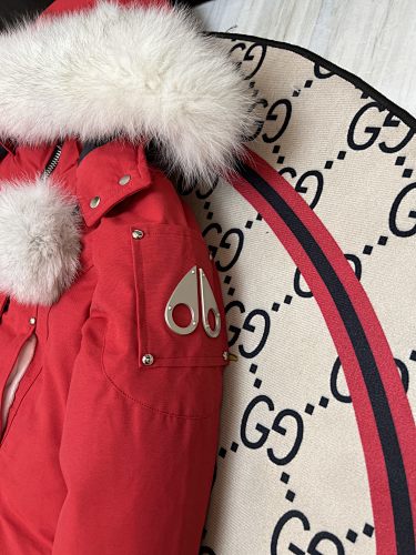 Moose Knuckles Red Hooded Longline Parka with White Trim