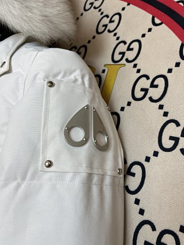 Moose Knuckles Quilted White Hooded Jacket with Cream Trim
