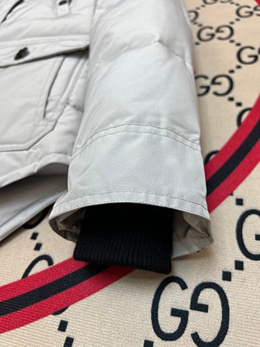 Moose Knuckles Quilted White Hooded Parka with Gray Trim