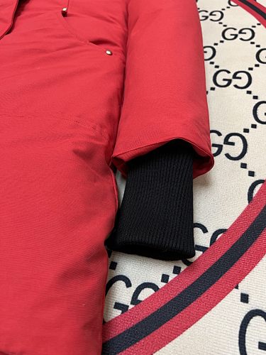 Moose Knuckles Red Hooded Longline Parka with White Trim