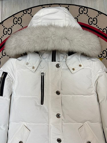 Moose Knuckles Quilted White Hooded Jacket with Cream Trim