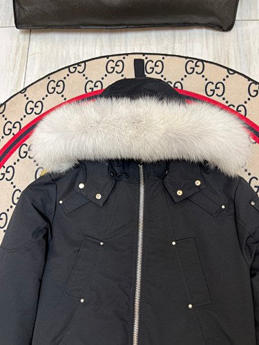 Moose Knuckles Black Hooded Bomber Jacket with White Trim