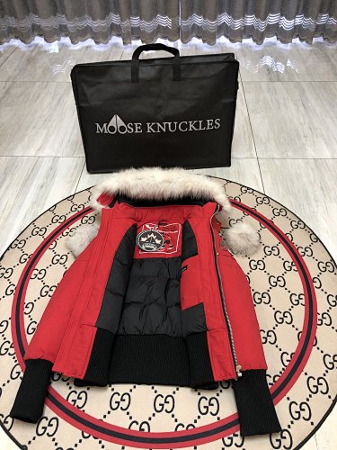 Moose Knuckles Red Cropped Hooded Bomber Jacket with Pom-Poms