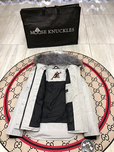 Moose Knuckles Quilted White Hooded Parka with Gray Trim