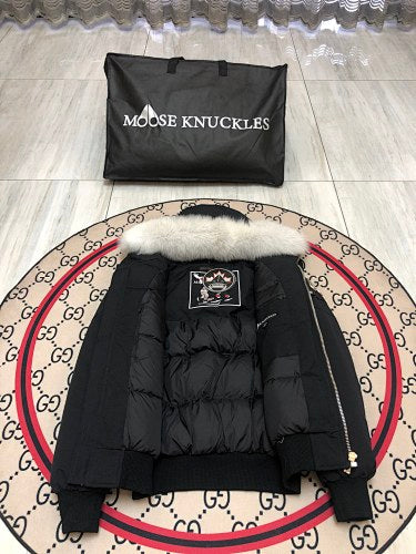 Moose Knuckles Black Hooded Bomber Jacket with White Trim