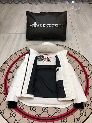 Moose Knuckles Quilted White Hooded Jacket with Cream Trim