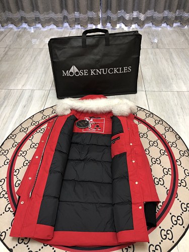 Moose Knuckles Red Hooded Longline Parka with White Trim