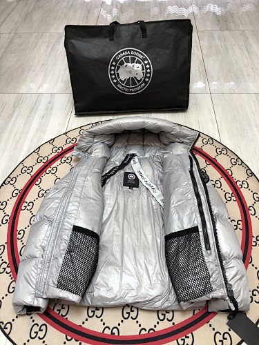 Canada Goose Glossy Silver Gray Hooded Puffer Jacket
