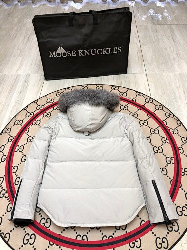 Moose Knuckles Quilted White Hooded Parka with Gray Trim