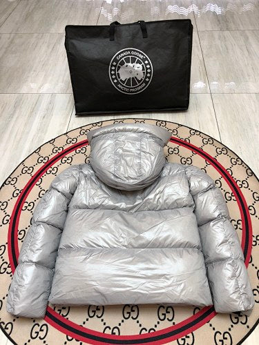 Canada Goose Glossy Silver Gray Hooded Puffer Jacket
