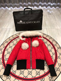 Moose Knuckles Red Cropped Hooded Bomber Jacket with Pom-Poms