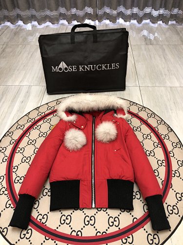 Moose Knuckles Red Cropped Hooded Bomber Jacket with Pom-Poms