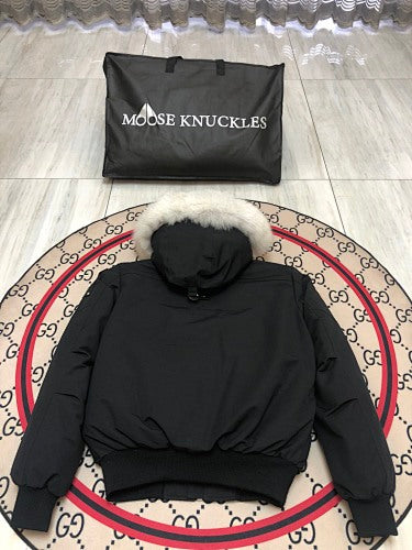 Moose Knuckles Black Hooded Bomber Jacket with White Trim