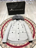 Moose Knuckles Quilted White Hooded Parka with Gray Trim