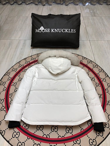 Moose Knuckles Quilted White Hooded Jacket with Cream Trim