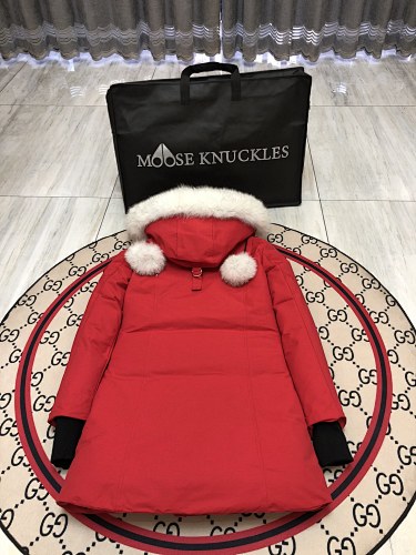 Moose Knuckles Red Hooded Longline Parka with White Trim